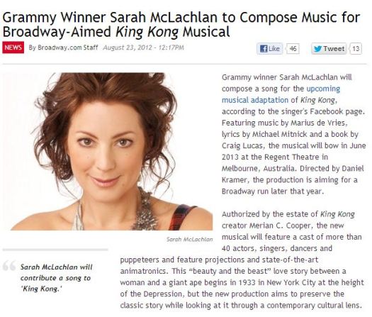 Grammy Winner Sarah McLachlan to Compose Music for Broadway-Aimed King Kong Musical