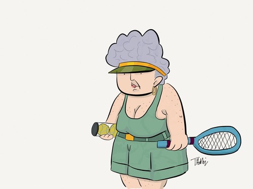 Fern prepares to play tennis.
