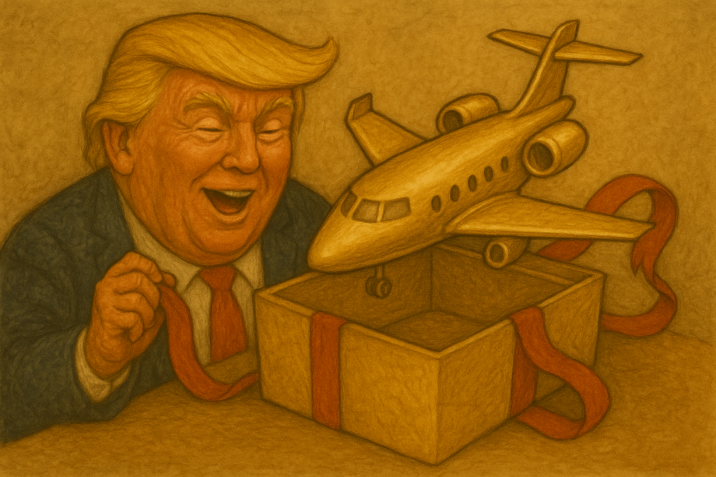 A traditional, storybook-style illustration of Donald Trump gleefully opening a large yellow gift box with red ribbon, revealing a shiny gold private jet. He is smiling broadly, wearing a navy suit and red tie, with warm colored pencil textures and a soft tan background. The tone is whimsical and ironic.